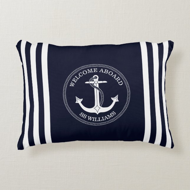 Nautical Navy Blue White Anchor Stripes Boat Name Decorative Cushion (Front)