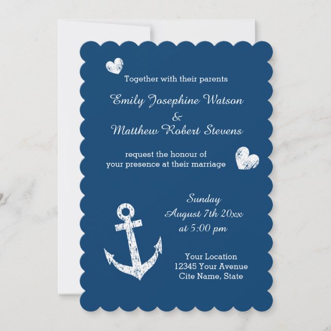 Nautical navy blue white anchor wedding invitation (Front)
