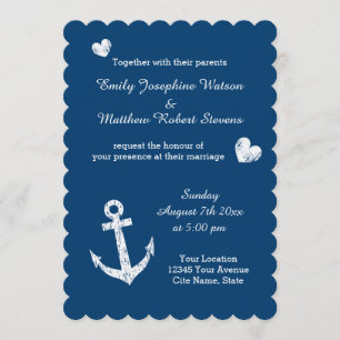 Nautical navy blue white anchor wedding invitation