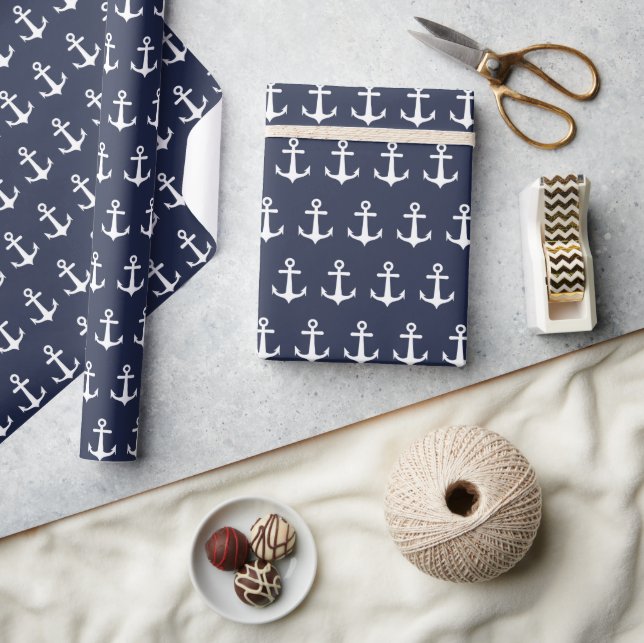 Nautical Navy Blue White Anchor Wrapping Paper (Crafts)