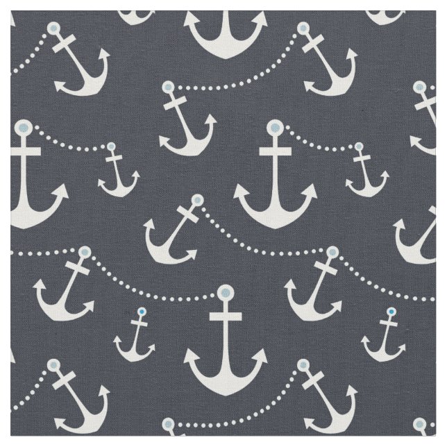 Nautical Navy Blue White Anchors Fabric (Close Up)