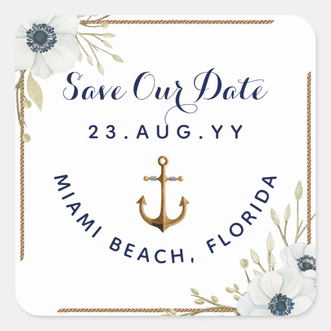 Nautical Navy Blue & White Anemone Anchor Wedding Square Sticker (Front)