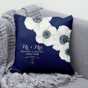 Nautical Navy Blue & White Anemones Dated Keepsake Cushion