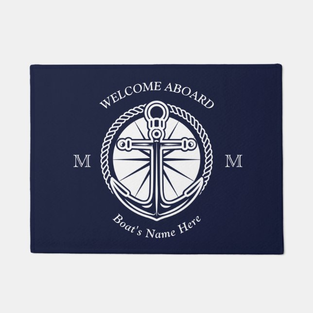 Nautical Navy Blue White Boat Name Anchor Welcome Doormat (Front)