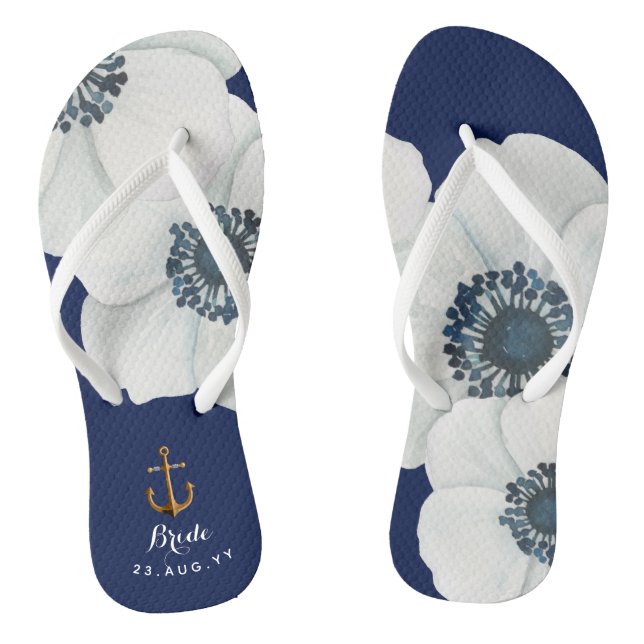 Nautical Navy Blue White Cascading Anemones Bride Flip Flops (Footbed)