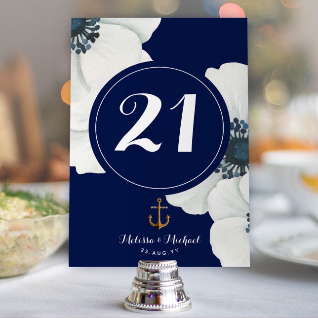Nautical Navy Blue & White Cascading Anemones Table Number (Nautical Event Table Numbers / Wedding Table Numbers | Navy and White with White Anemones)