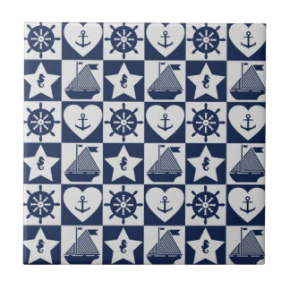 Nautical navy blue white chequered tile