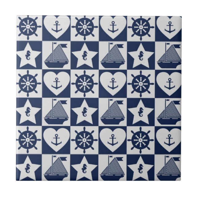 Nautical navy blue white chequered tile (Front)