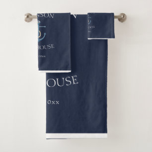 Nautical Navy Blue White Coastal Family Name Bath Towel Set
