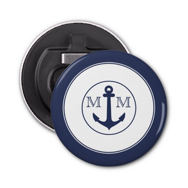 Nautical Navy Blue White Crab Anchor Monogram Bottle Opener (Front)
