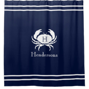 Nautical Navy Blue  White Crab Monogram Name  Shower Curtain