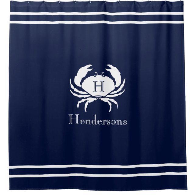 Nautical Navy Blue  White Crab Monogram Name  Shower Curtain (Front)