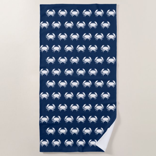 Nautical navy blue white crab pattern beach towel (Front)
