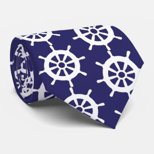 Nautical Navy Blue White Cruise Ship Wheel Pattern Tie