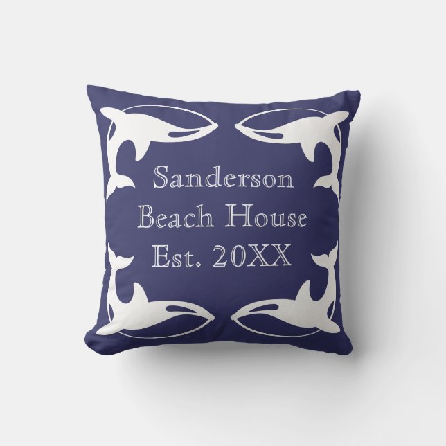 Nautical Navy Blue White family beach house Cushion (Front)