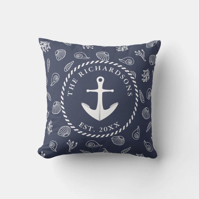 Nautical Navy Blue White Family Name Anchor Cushion (Front)