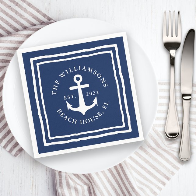 Nautical Navy Blue White Family Name Anchor Napkin (Creator Uploaded)