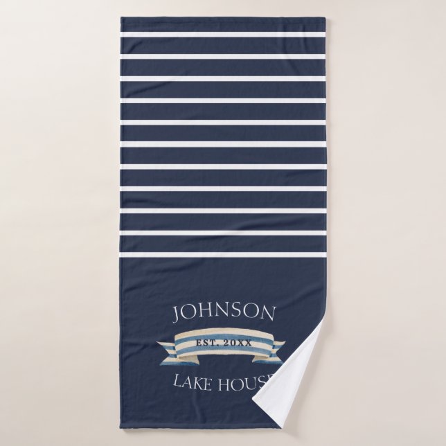 Nautical Navy Blue White Family Name Lake House Bath Towel (Bath Towel)
