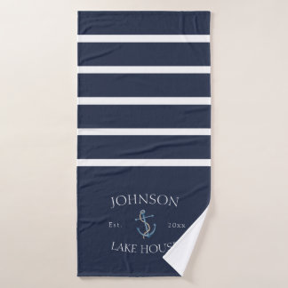Nautical Navy Blue White Family Name Lake House Bath Towel