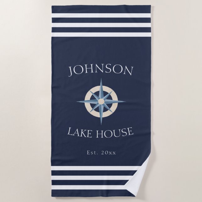 Nautical Navy Blue White Family Name Lake House Beach Towel (Front)