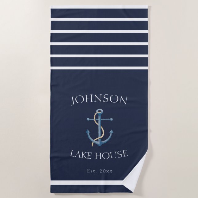 Nautical Navy Blue White Family Name Lake House Beach Towel (Front)