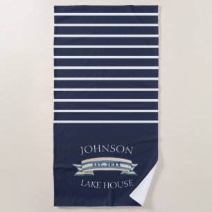 Nautical Navy Blue White Family Name Lake House Beach Towel