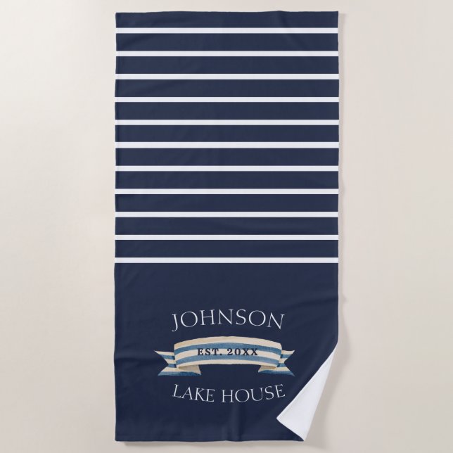 Nautical Navy Blue White Family Name Lake House Beach Towel (Front)
