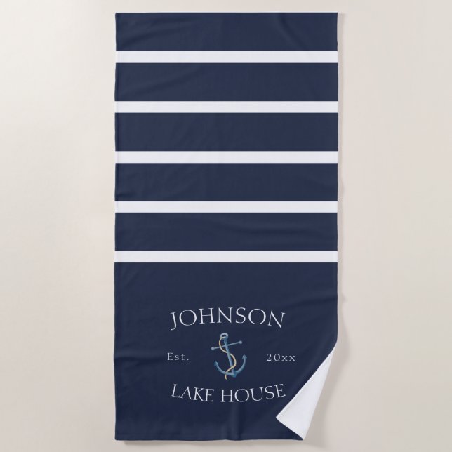 Nautical Navy Blue White Family Name Lake House Beach Towel (Front)