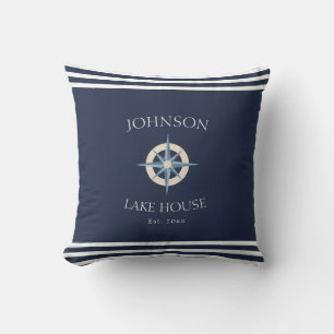 Nautical Navy Blue White Family Name Lake House Cushion
