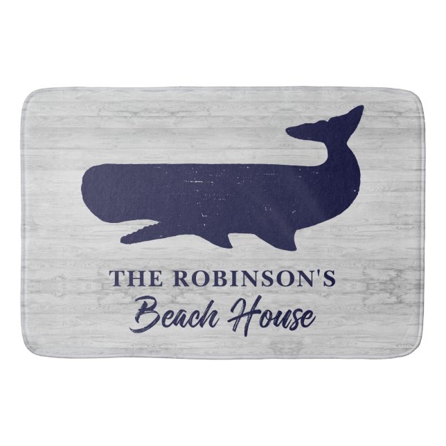 Nautical Navy Blue White Family Name Rustic Whale Bath Mat (Front)