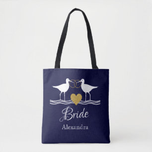Nautical navy blue white gold wedding sandpipers tote bag
