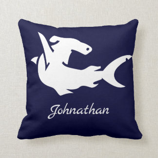 Nautical Navy Blue White Hammerhead Shark Name Cushion