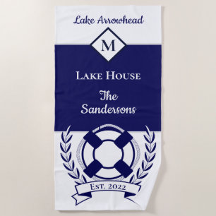 Nautical Navy Blue White Monogram Lake House Be Beach Towel