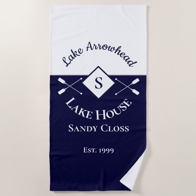 Nautical Navy Blue White Monogram Lake House Beach Towel (Front)