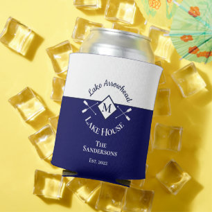 Nautical Navy Blue White Monogram Lake House Can Can Cooler