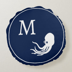 Nautical Navy blue white octopus Round Cushion