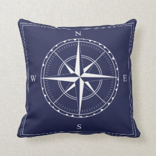 Nautical Navy Blue White Old Ships Compass Design Cushion