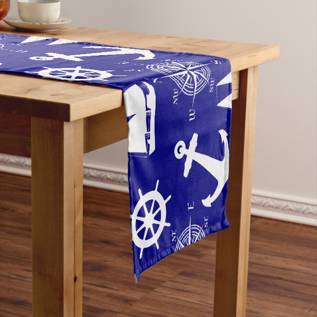 Nautical Navy Blue White Pattern Medium Table Runner (In Situ)