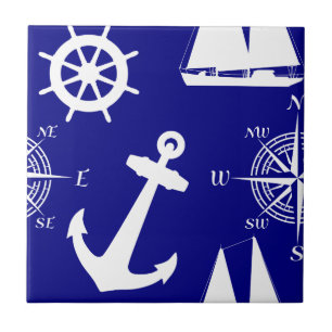 Nautical Navy Blue White Pattern Tile