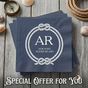 Nautical Navy Blue White Rope Border Monogram Napkin