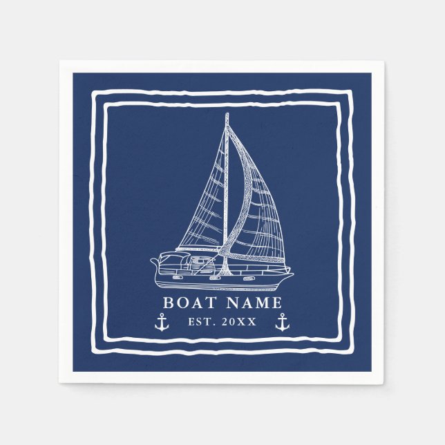 Nautical Navy Blue White Sailboat Anchor Boat Name Napkin (Front)