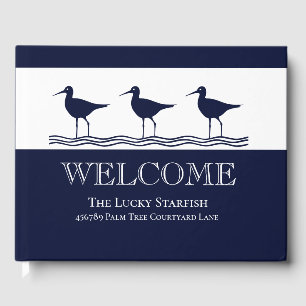 Nautical Navy Blue White Sandpiper beach house  Guest Book