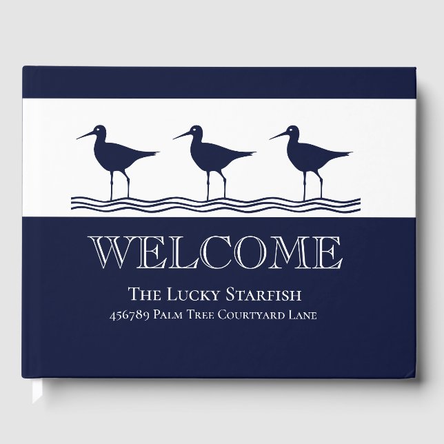 Nautical Navy Blue White Sandpiper beach house  Guest Book (Front)
