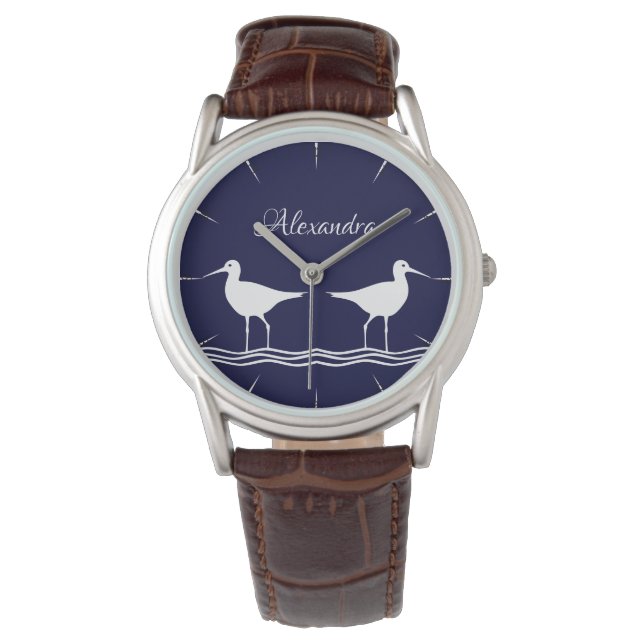 Nautical Navy Blue White Sandpiper  Watch (Front)