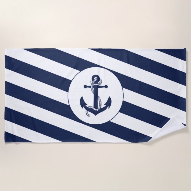 Nautical Navy Blue & White Stripe Anchor Beach Towel (Front)