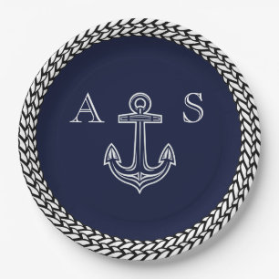 Nautical Navy Blue White Stripe Anchor Monogram  Paper Plate
