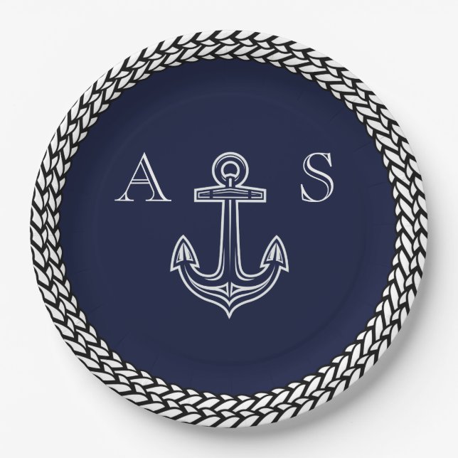 Nautical Navy Blue White Stripe Anchor Monogram  Paper Plate (Front)