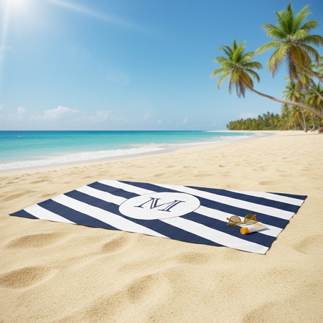 Nautical Navy Blue & White Stripe Custom Monogram Beach Towel (Creator Uploaded)