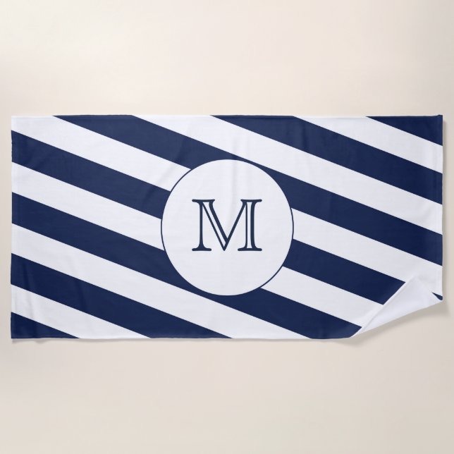 Nautical Navy Blue & White Stripe Custom Monogram Beach Towel (Front)