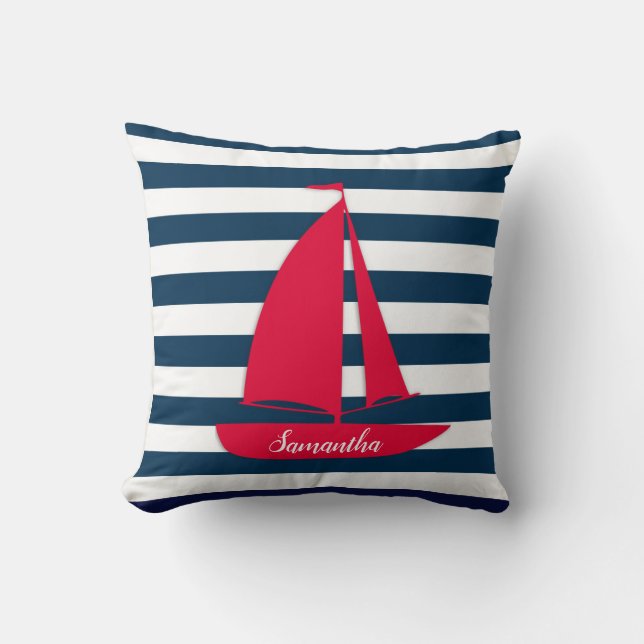 Nautical Navy Blue White Stripe Monogram Red Boat Cushion (Front)
